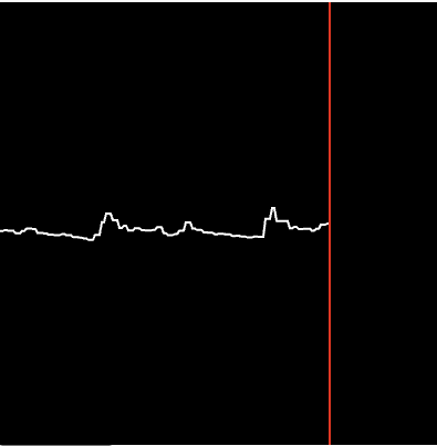 Using amplitude to measure the loudness of a sound file and visualize it as a scrolling graph centered vertically on the canvas. A vertical red line marks the current playback position, helping show the most recent amplitude value relative to the stored volume history.