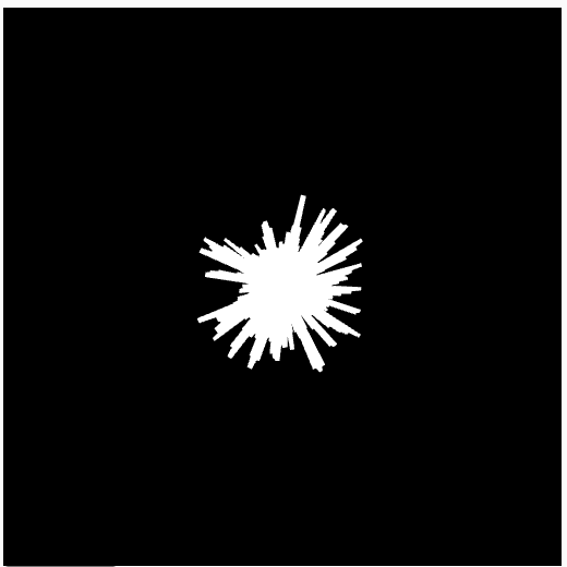 Reads amplitude data from a playing audio file using p5.Amplitude() and displays it as a circular burst of spikes around the center of the canvas. The spikes expand and contract with the sound level, forming a constantly shifting radial waveform.