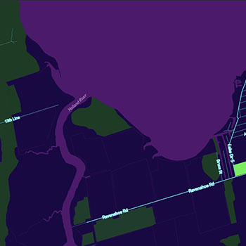 A high-energy cyberpunk mix: deep violet-black #0D0221 base with neon cyan #00F0FF, magenta #FF00E4, and acid yellow #FFE700 accents. Electric green #05F140 hints of vegetation, and water glows moody purple #540D6E.