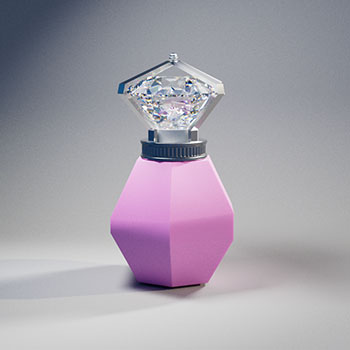 Modeled using a cube for the bottle body and cylinders for the cap, and a cone for the diamond.