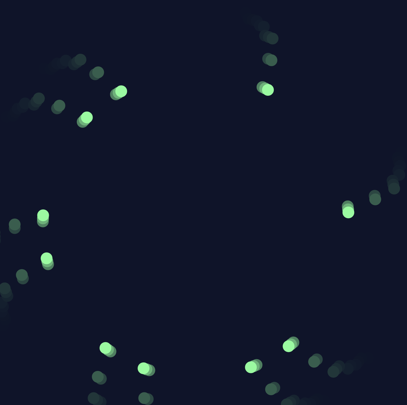 Distinct visual systems for each key input, creating an interactive audio-visual instrument. Orbiting circles.